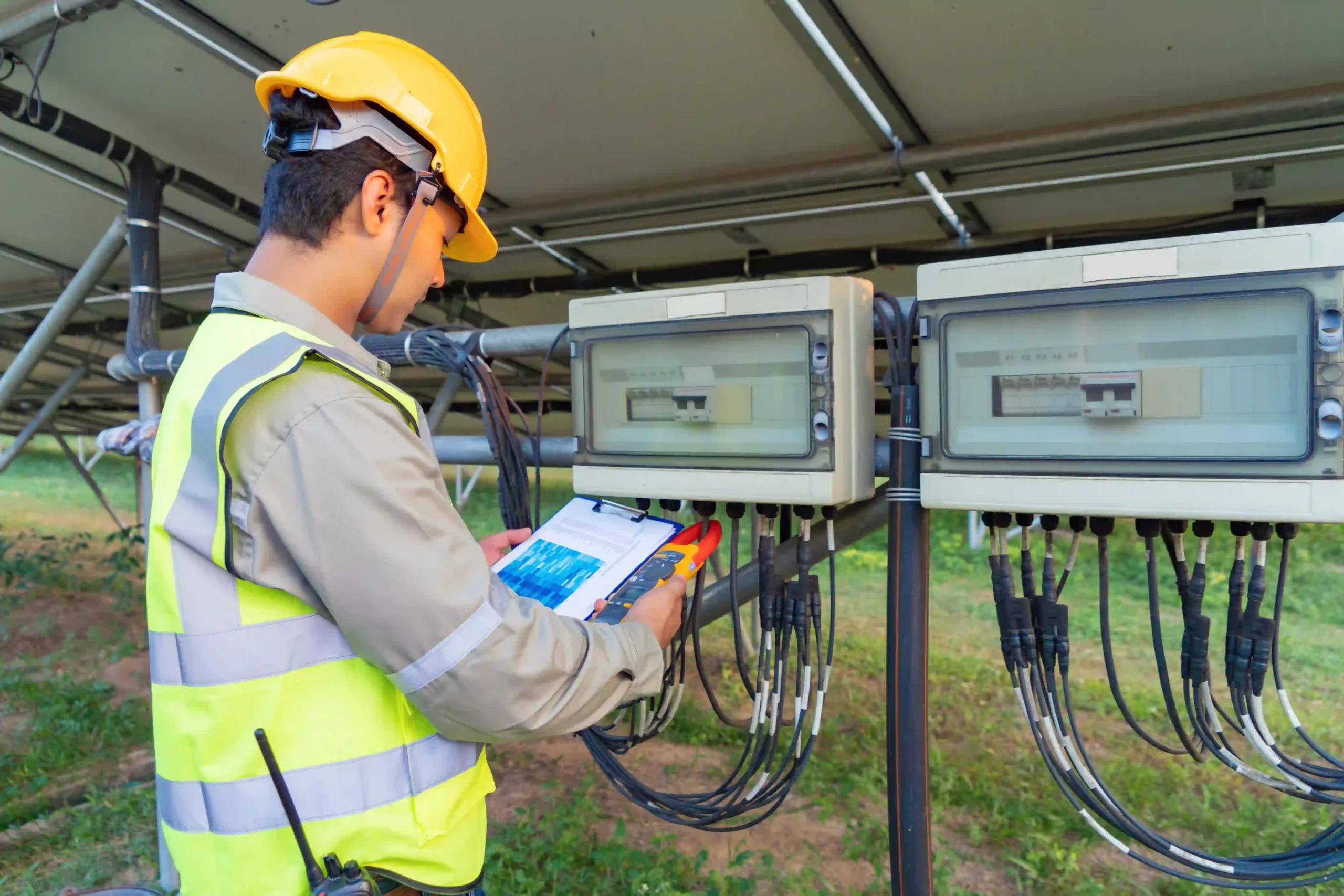 Technician inspecting solar electrical components and monitoring performance as part of a Solar Panel Installation Geelong system.